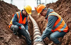 Markarbetare som installerar dräneringsrör