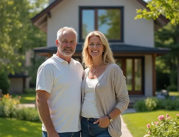 Nöjda svenska husägare framför villa efter dränering av husgrund